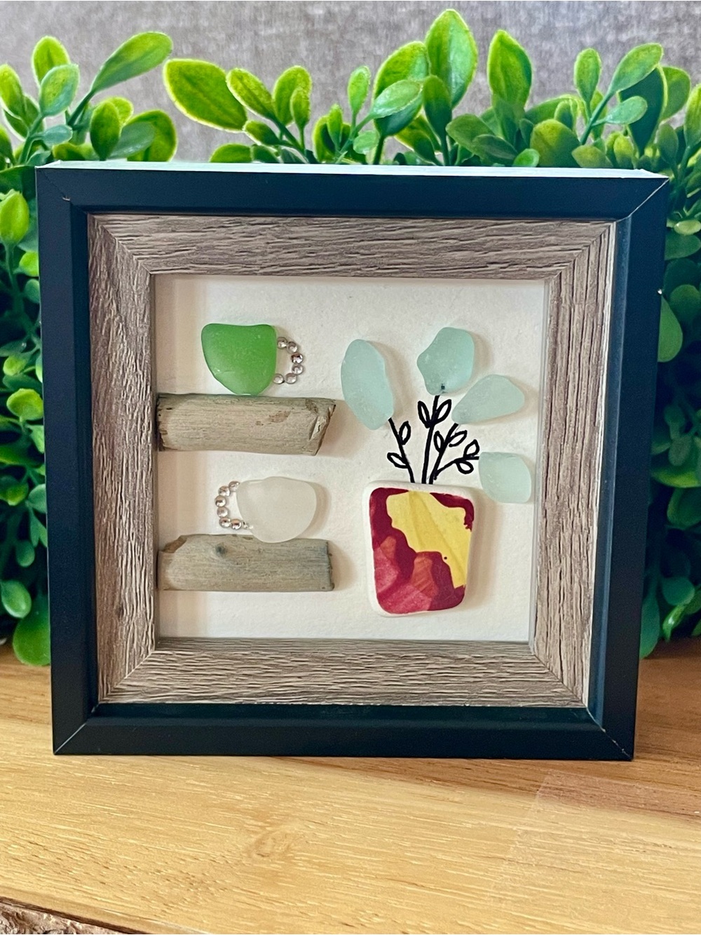 Framed Sea Glass Plant/Coffee Art - Beachy Coastal Decor